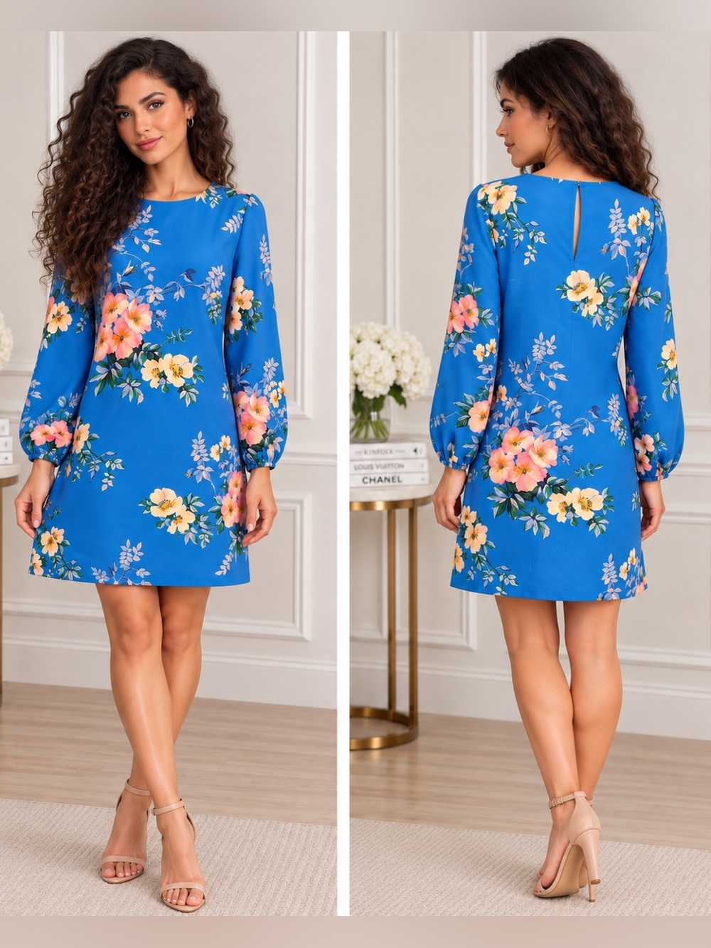 Ann Taylor Blue Floral Long Sleeve Shift Dress